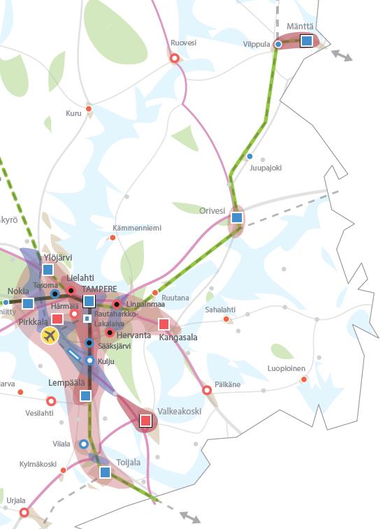 3.3 Pirkanmaan maakuntakaava 2040, aluerakenne ja joukkoliikenne Maakuntakaavan aluerakenne ja joukkoliikenteen pääyhteydet -kartassa linjataan maankäytön perusratkaisut ja liikenteen kasvun ja