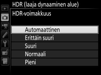 2 Valitse tila. Korosta HDR-tila ja paina 2. Korosta jokin seuraavista ja paina J. Ota sarja HDR-valokuvia valitsemalla 6 Päällä (sarja). HDR-kuvaus jatkuu, kunnes Pois valitaan kohtaan HDR-tila.