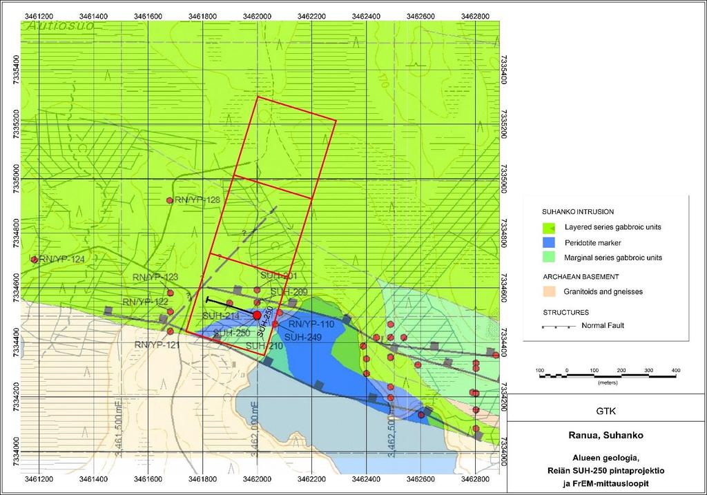GEOLOGIAN TUTKIMUSKESKUS 2 Kuva 1. Mittausalueen geologia (Gold Fields Arctic Platinum Oy:n mukaan), reiän SUH-250 pintaprojektio ja lähetinsilmukoiden sijainti.