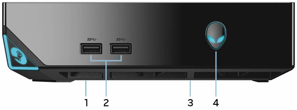 Näkymät Edessä 1 USB 2.0 -portti (USB-portin suojuksen alla) Kytke Bluetooth/langattoman verkon käyttöavain voidaksesi käyttää langatonta näppäimistöä, hiirtä tms.