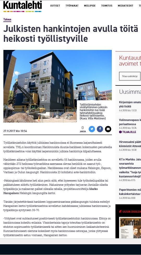 Hankinnoista duunia 2016-2018 -Handu-hankkeessa pilotoitiin ja kokeiltiin käytännössä työllistämistä julkisten hankintojen avulla -Helsingissä tehtiin yhteensä 8 työllistämisehtoja- tai kriteereitä