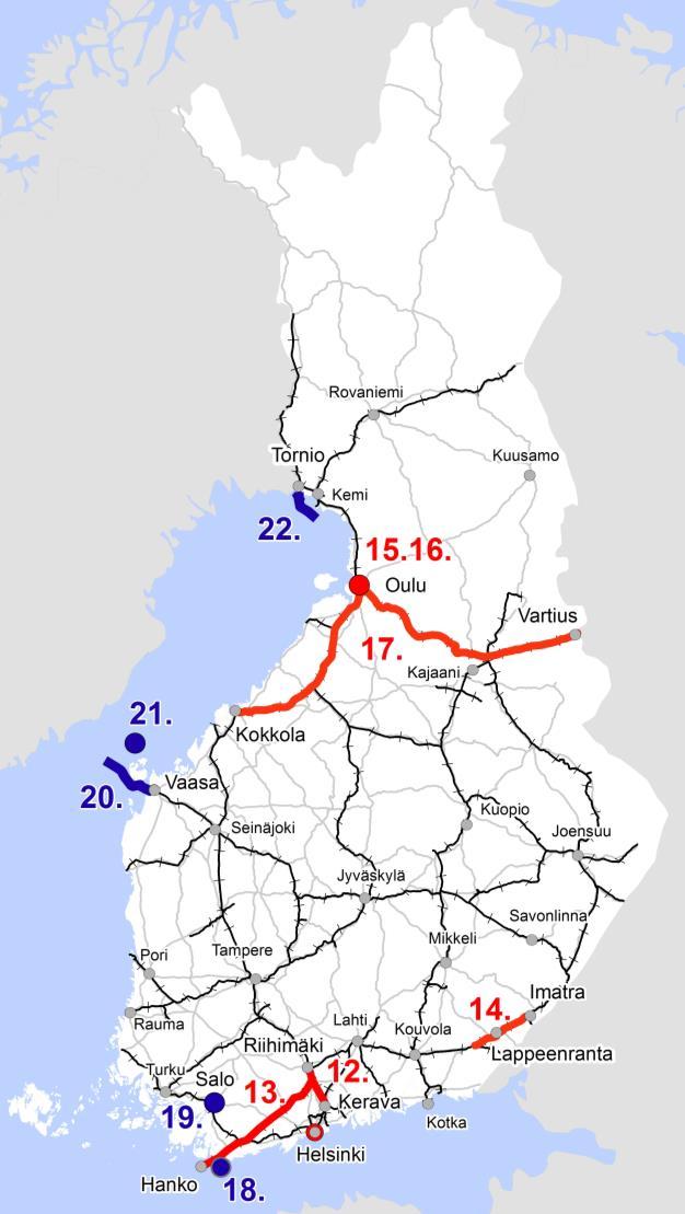 Merkittävimmät suunnittelukohteet 2018 - radat ja vesiväylät RATAKOHTEET 12. Pasila-Riihimäki II-vaihe 13. Hyvinkää-Hanko rataosan sähköistys (päivitys) 14. Luumäki-Imatra rataosan parantaminen 15.