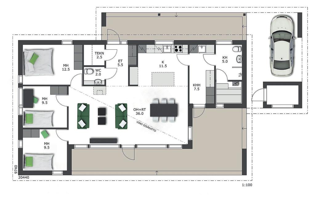 AAVA 2 arjen sujuvuutta Tämä koti edustaa modernia ja käytännöllistä asumista parhaimmillaan. Arki sujuu, sillä toimivan kodin tilat ovat yhdessä tasossa.