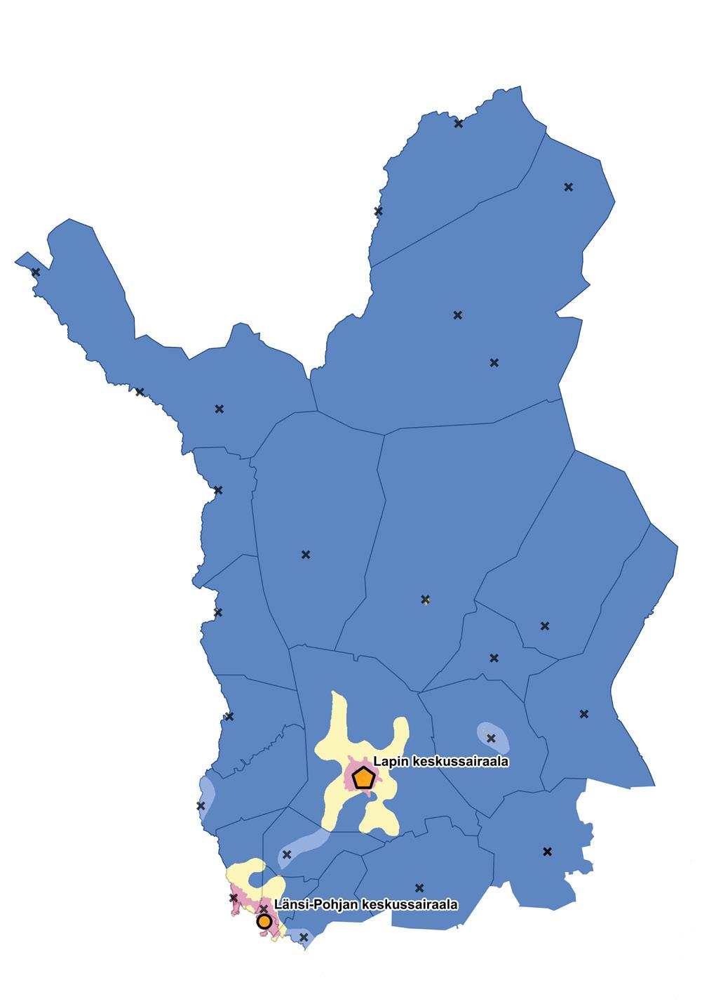 Kuvio 2 Lapin maakunnan terveydenhuollon palveluverkko ja kaupunki-maaseutu -luokitus (SYKE).