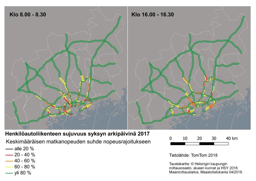 15 Kuva 6. Henkilöautoliikenteen sujuvuus TomTom-aineiston mukaan syksyn arkipäivänä 2017.