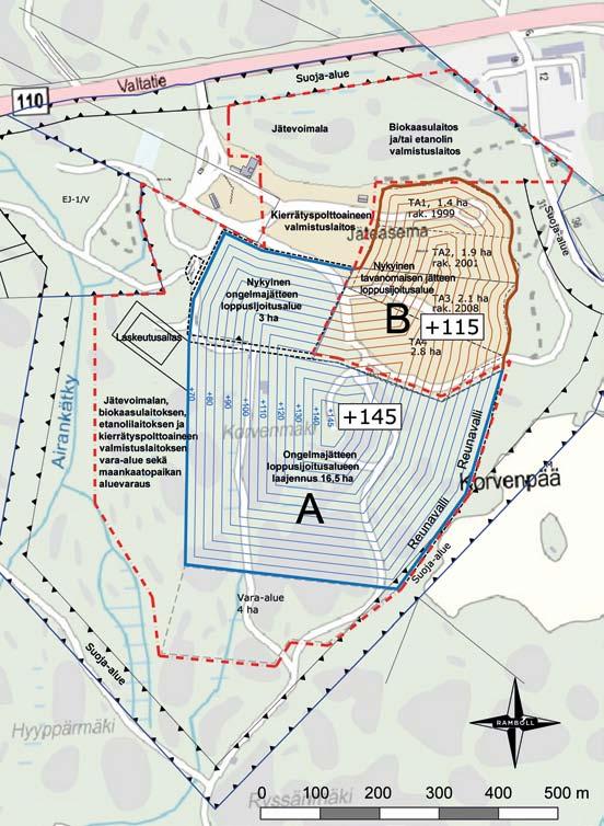 Kuva 5 20 Loppusijoitusalueiden suunniteltu jätetäyttö, kun jätetäytöt on yhdistetty. Kuvassa alue A = ongelmajätteen loppusijoitusalue, B= tavanomaisen jätteen loppusijoitusalue.