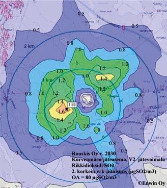 6.4.3 Toiminnan aikaiset vaikutukset Rikkidioksidi Taulukossa 6-10 on vertailussa rikkidioksidin korkeimmat ulkoilman pistepitoisuudet jätevoimala V2 maksimipäästöillä ilmanlaadun ohje- ja
