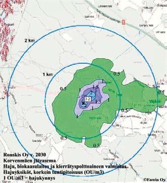 Kuvissa 6-15 ja 6-16 on esitetty erikseen biokaasulaitoksen ja kierrätyspolttoaineen valmistuslaitoksen hajun korkeimmat tuntipitoisuudet.