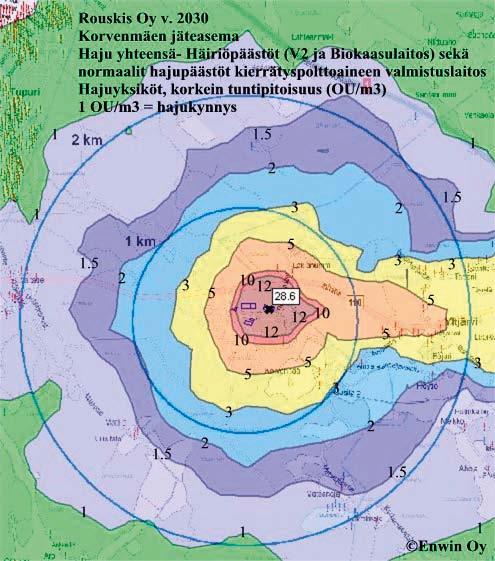 Hajupäästöt poikkeustilanteessa Häiriöpäästötilanteissa selvästi tunnistettavaa hajua (>3 ou/ m3) voi esiintyä 900 2600 m etäisyydellä laitoksista ja melko voimakasta hajua (>5 ou/m3) 600 1600 metrin