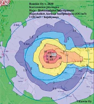 Kuvassa 6-17 on V2 jätevoimalan ja biokaasulaitoksen hajun häiriöpäästöjen sekä kierrätyspolttoaineen valmistuslaitoksen normaalien hajupäästöjen yhteisvaikutus ulkoilman korkeimpiin