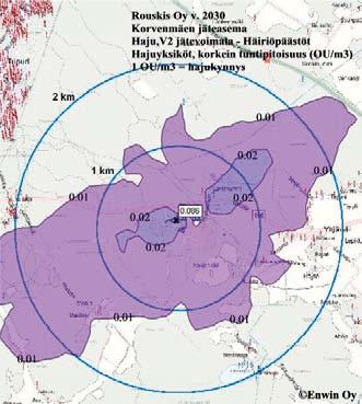 Kuva 6 19 Jäteaseman lähialue: V2 Jätevoimalan häiriöpäästöt. Korkeimmat tuntipitoisuudet hajuyksikköinä (ou/m 3 ) Tehdyt hajumallinnukset ovat arvioita hajun leviämisestä.