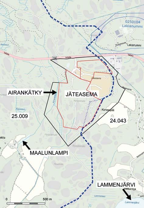 Kuva 6 22 Jäteasema Ylisjärven 24.043 ja Vähäjärven osavaluma-alueella 25.009. Sininen katkoviiva on valuma-alueiden kolmannen jakovaiheen jakoviiva.