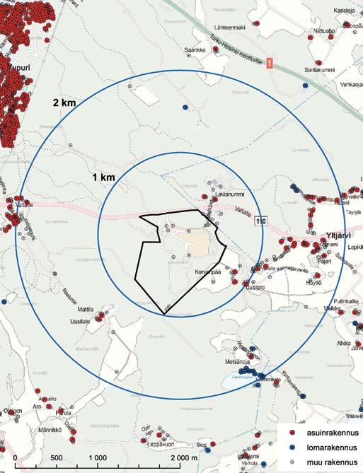 Kuva 6 24 Hankealueen ja sen lähiympäristön rakennuskanta 6.9.2.2 Maanomistus Hankealue muodostuu viidestä kiinteistöstä tai kiinteistön osasta.