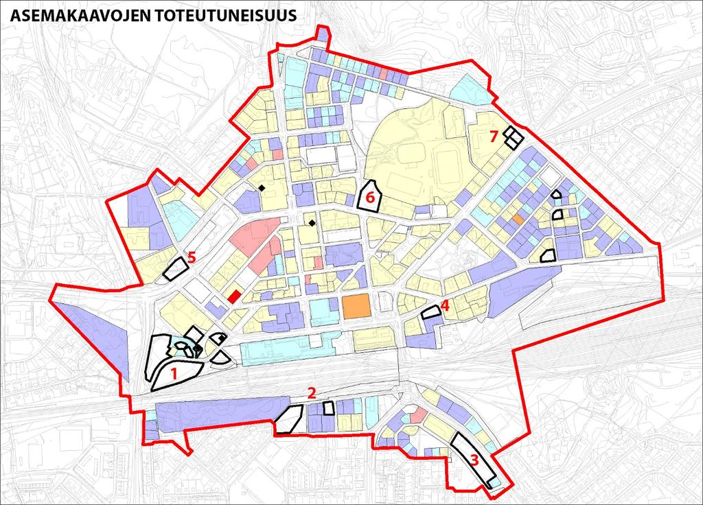 6 Kaupunkirakenteen tiivistäminen ja kaupunkikuva ASEMAAVOJEN TOTEUTUNEISUUS JA PINTA ALOJEN JAKAUTUMINEN Kouvolan ydinkeskusta on melko tiiviisti rakentunut, mutta johtuen keskustan kehittymisen