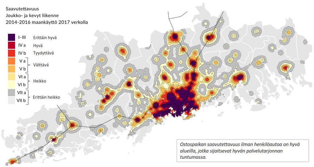 17 Kuva 7 Ostosasioinnin saavutettavuusvyöhykkeet ilman henkilöautoa 2017 ja 2050 (Strafica Oy 2018).
