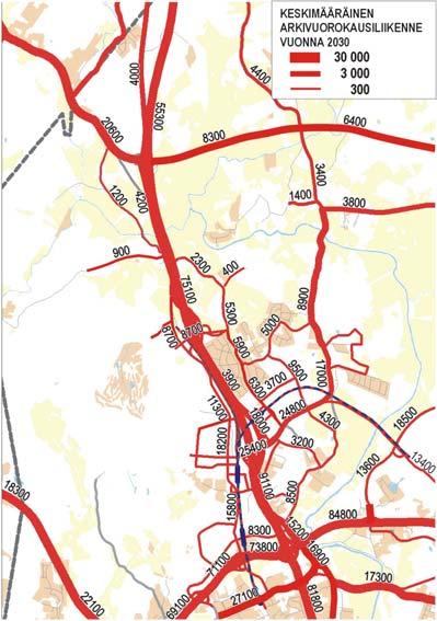 5 Hämeenlinnanväylän yleissuunnitelmassa käytetty arvio liikenteen kasvusta 2005 2030 (Tiehallinto 2006). Taulukossa 4.