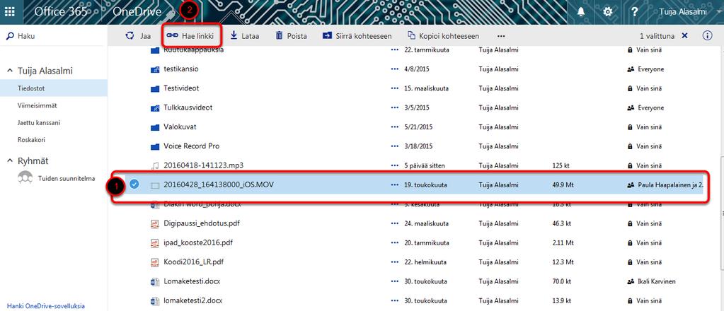 One Driveen tallennetun videon palauttaminen oppimisympäristön palautuskansioon OneDriveen tallennetut isot tiedostot palautetaan oppimisympäristöön linkkeinä, eli ei tiedostoina.