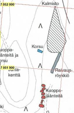 14 Ote Timo Ylimaunun inventointiraportista vuodelta 2000 (sivu 38, kartta 8). Karttaan on merkattu kalmisto vinoviivoituksella (mj-rekisterissä nimellä Koljonvirta hauta-alue).