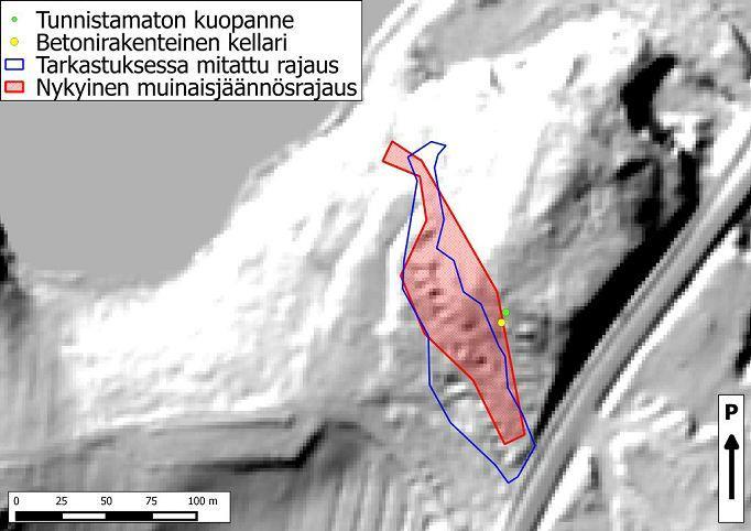Alla: Vanha mj-alue on merkattu sinipunaisella viivalla ja uusi rajaus punaisella