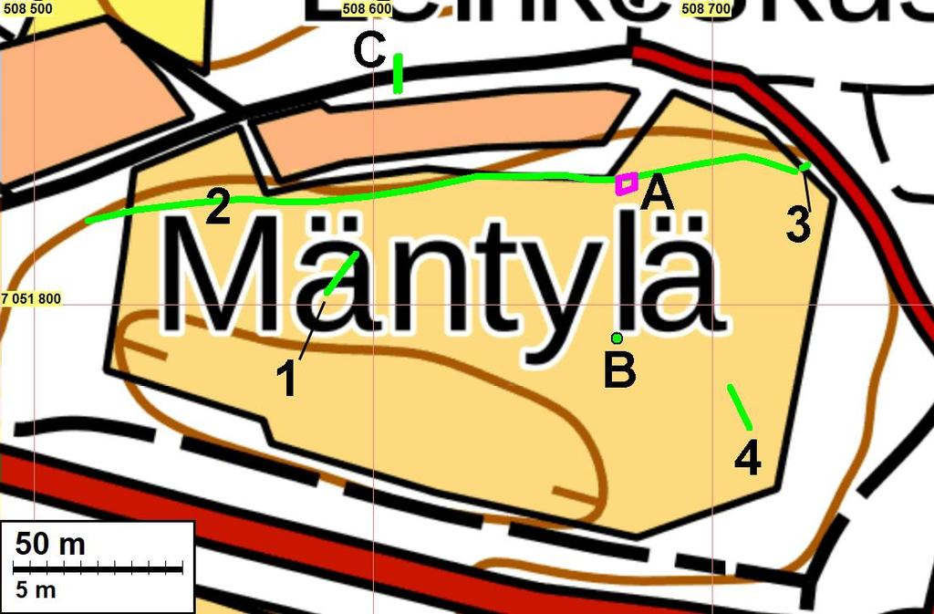 25 Valtatien 27 pohjoispuoliselle peltoalueelle tehdyt koeojat 1, 2, 3 ja 4 on merkattu vihreillä viivoilla. Koeojan 2 laajennus on merkattu vaalean punaisella ja kirjaimella A.