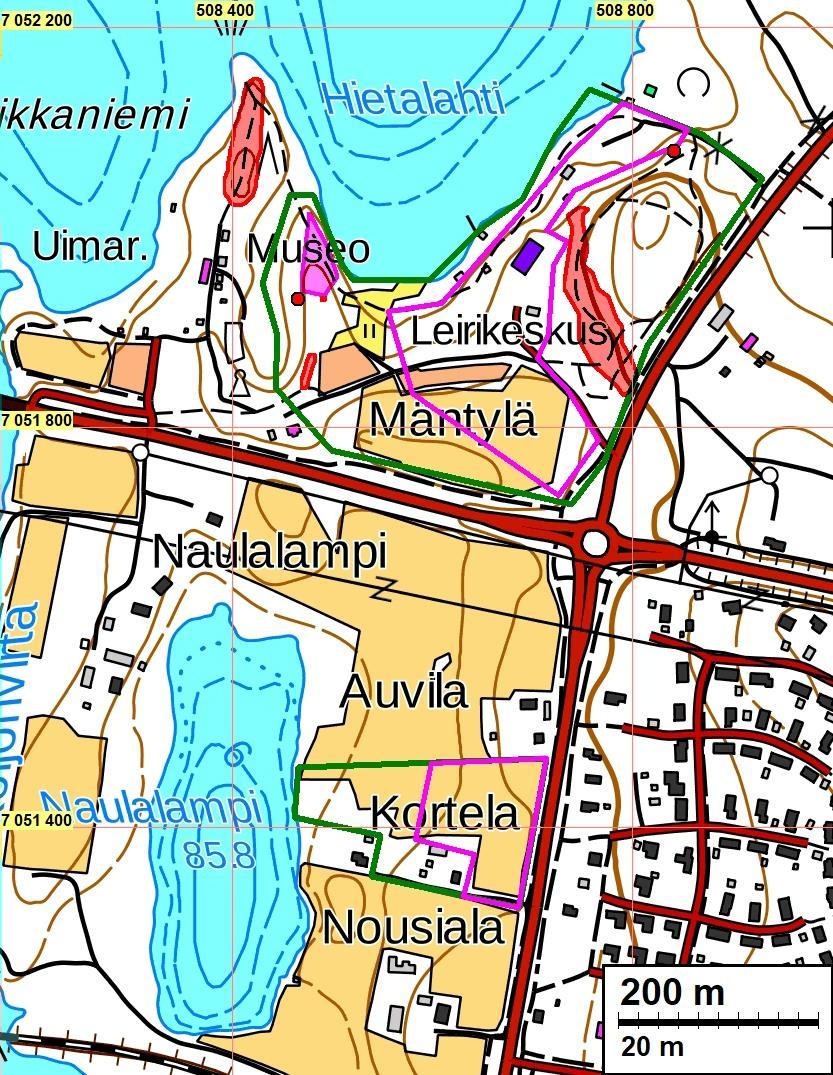 Selitteet yllä ja alla oleviin karttoihin: tarkkuusinventoitavat alueet on rajattu vaalean punaisella viivalla ja inventoitavat alueet vihreällä viivalla.