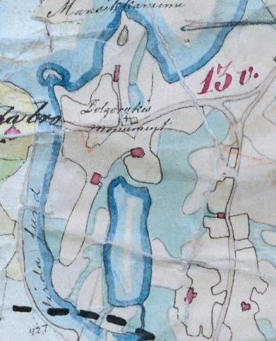 8 Vanhoja karttoja Oikealla ote vuosina 1844-46 laaditusta pitäjänkartasta (Hynen et al).