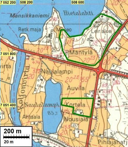 9 Ote vuoden 1973 peruskartasta. Tutkimusalueet on merkattu vihreillä viivoilla. Alueiden maankäyttö ei poikkea juurikaan nykypäivän tilanteesta.