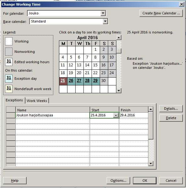 Työajan määrittely 2 : Jos olet jo syöttänyt projektin henkilöresurssit : 1. Valitse Project > Change Working Time > Create New Calender ja tee projektin jäsenten kalenterit. 2. Laitetaan nämä kalenterit vastaamaan jäsenten omia sidottuja aikatauluja.