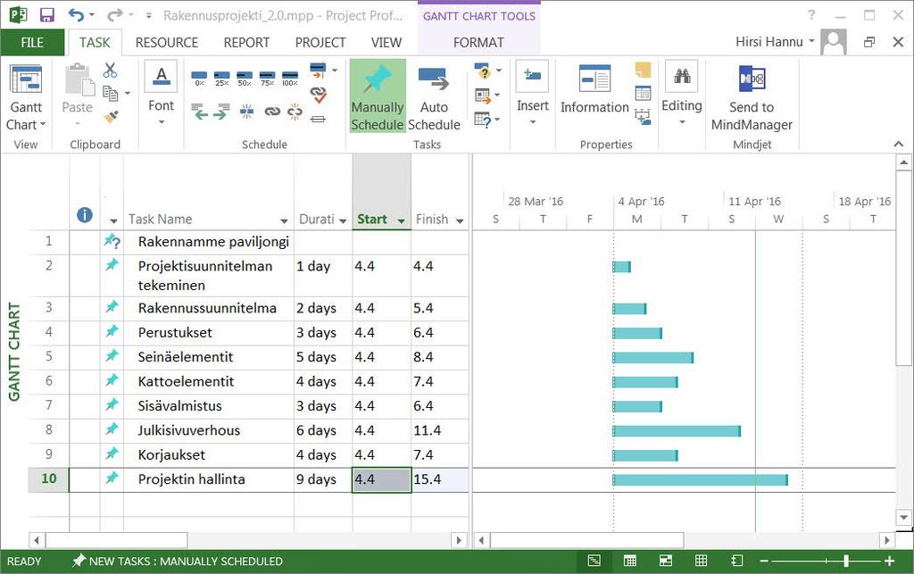 Projektin tehtävien syöttäminen v1 : 1. Avaa Gantt Chart näkymä TASK > Gantt Chart tai näkymän oikeasta alareunasta 1. - kuvake 2. Syötä projektin tehtävät näkymässä olevaan taulukkoon : 1.