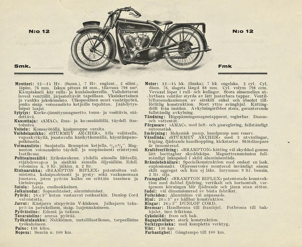 N:o 12 N:o 12 Moottori: 12 14 Hv. (Suom.), 7 Hv. englant., 2 silint., läpim. 76 mm. Iskun pituus 88 inni., tilavuus 798 sm 3. Kampiakseli käy rulla- ja kuulalaakereilla.