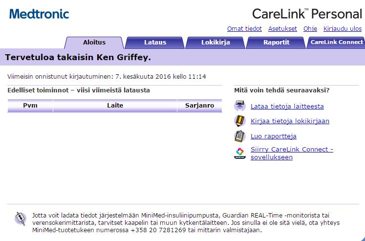 3 Napsauta CareLink Connect -välilehteä tai CareLink Connect -linkkiä.