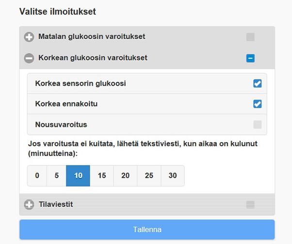 Näyttökuvaesimerkissä on avoinna Korkean glukoosin varoitukset -ryhmäikkuna.