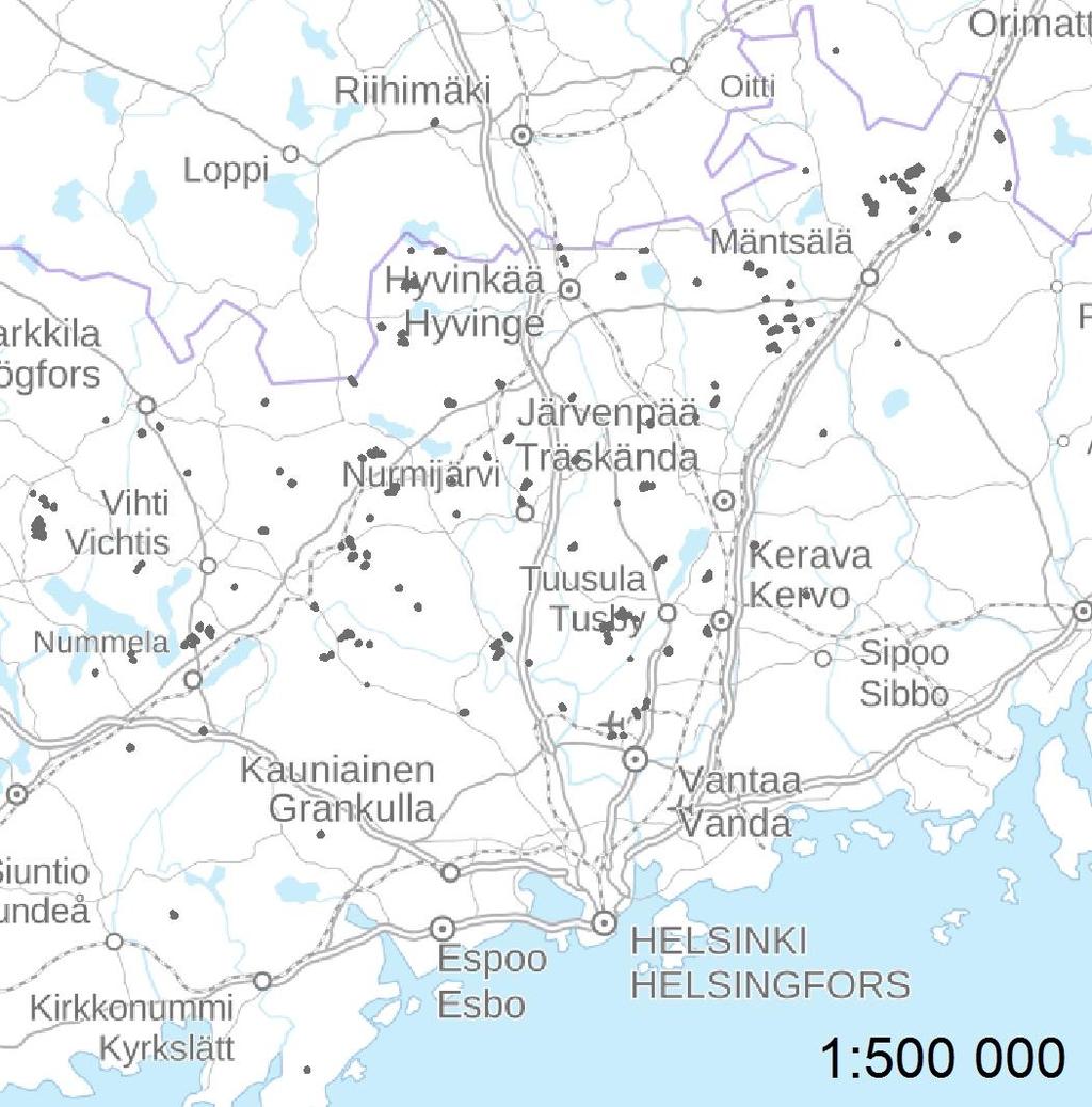 Kuva 2.3. Tutkimuksessa käytettyjen opetus- ja testileimikoiden (n=158) maantieteellinen jakautuminen. 2.2.3 Aineiston laskenta ja analyysi Hakkuukoneen mittalaitteilla kerätyn puutiedon paikannustarkkuuden vaikutusta laserkeilausperusteiseen puustotulkintaan selvitettiin kuvassa 2.