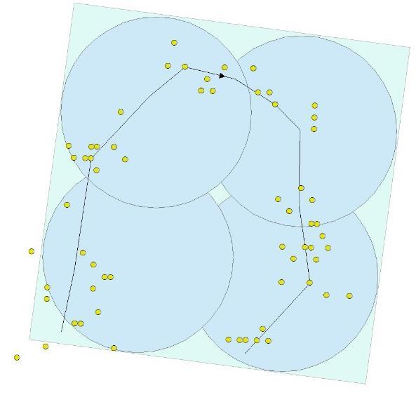 puiden todelliset sijainnit, poistuman vertailua varten muodostetut ympyräkoealat (r=9 m)