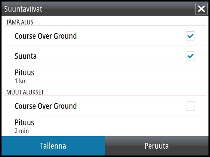 Voit poistaa kaikki kohteet näkyvistä tai suodattaa kuvakkeet suojausasetusten, etäisyyden ja aluksen nopeuden mukaan.
