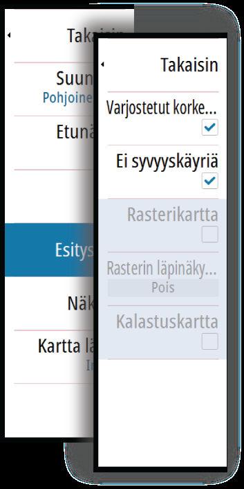 Shaded Relief (Varjostettu korkokartta) Varjostaa merenpohjan pinnanmuodot. No Contours (Ei syvyyskäyriä) Poistaa syvyyskäyrät kartasta.