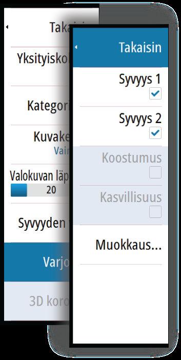 Liioitellussa näkymässä maanpinnan kohoumien ja vedenpohjan syvänteiden piirrettyihin linjoihin sovelletaan kerrointa, joka saa piirrokset näyttämään korkeammilta tai syvemmiltä.