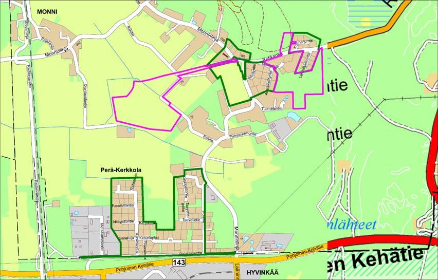 Monnin asemakaavoitetut alueet (vihreä väri) ja vireillä olevat asemakaavat (liila väri) opaskarttapohjalla (532/MML/13/Hausjärven kunta). 3.