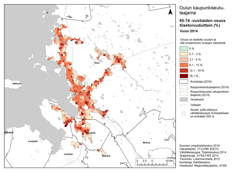 Ikääntyneiden osuus väestöstä Oulun kaupunkiseututaajamassa tilastoruuduittain, 65-74 -vuotiaat 65 74-vuotiaiden osuus on