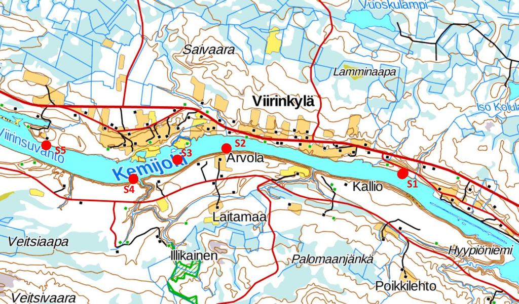 2 Tutkimusalueet Simpukoiden esiintymistä sukeltamalla viidellä eri alueella aiempien raakkulöytöjen paikasta alavirtaan Viirinsuvannon Koskensaaren saakka (kuva 1).