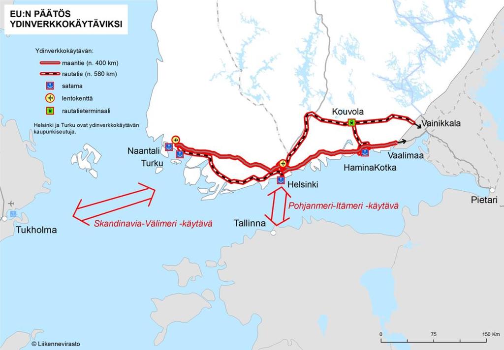 20 Kuva 14. Turun kehätie on osa TEN-T Skandinavia-Välimeri ydinverkkokäytävän E18 - tietä, kansainvälisesti merkittävintä yhteyttä Turun ja Naantalin satamista pääkaupunkiseudun kautta Vaalimaalle.