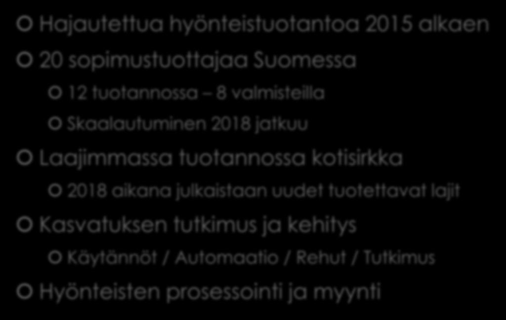 Finsect Oy Hajautettua hyönteistuotantoa 2015 alkaen 20 sopimustuottajaa Suomessa 12 tuotannossa 8 valmisteilla Skaalautuminen 2018 jatkuu Laajimmassa tuotannossa