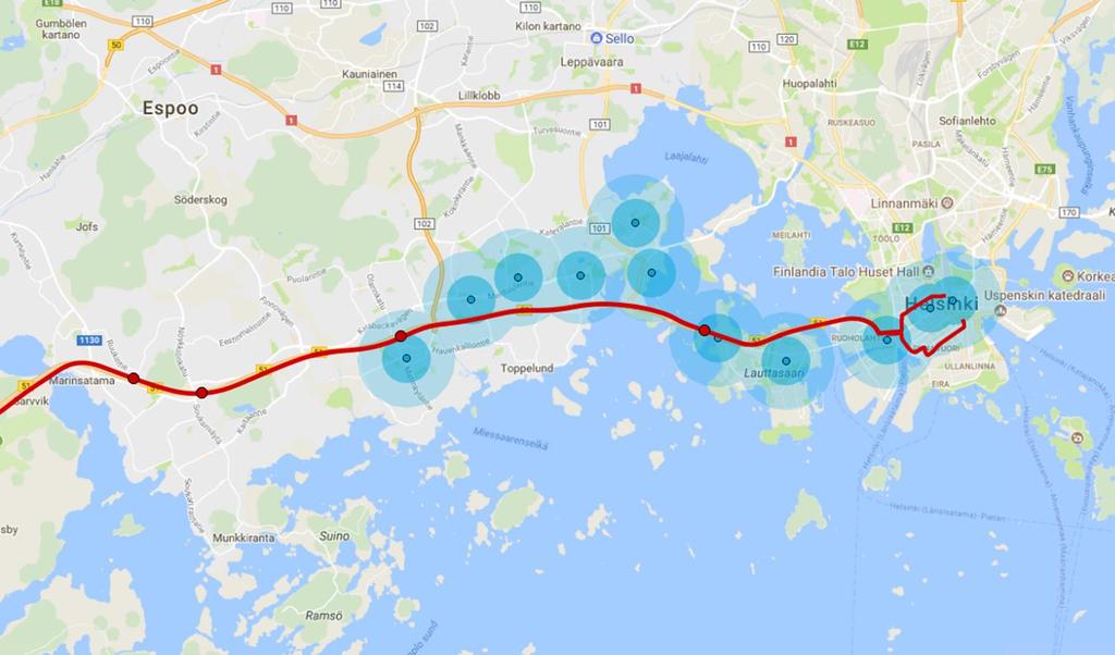 Länsimetron reitin (4/218) varrella sijaitsee kaksi