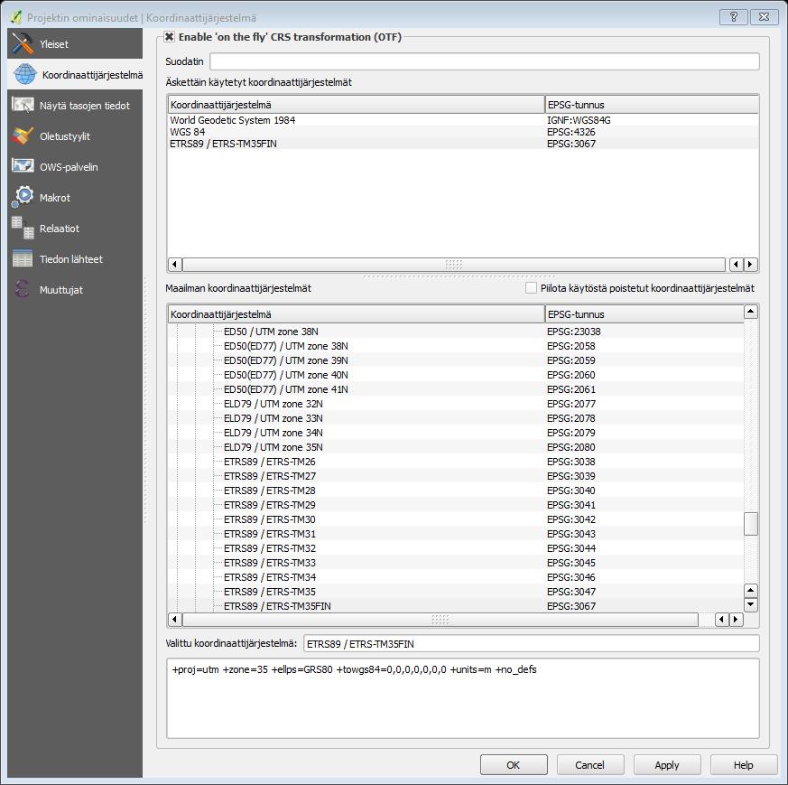 Valitaan ETRS89 / ETRS-TM35FIN myös projektin koordinaatistoksi. Paina Apply. Paina OK.
