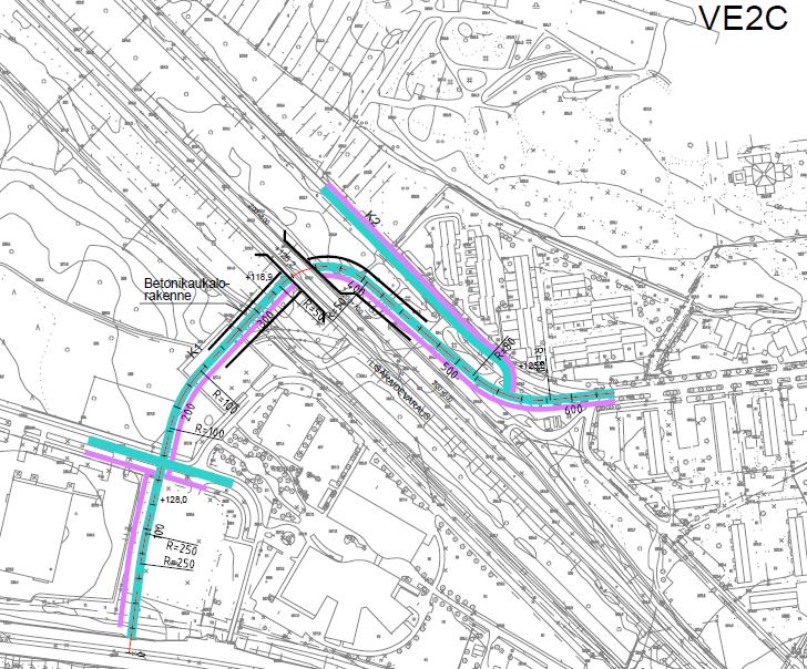 Kuva 13 Vaihtoehto VE2C. Vaihtoehto VE3A Pallotie linjataan viistosti Elovainion suuntaan Tampere-Seinäjoki radan yli Asemantielle.