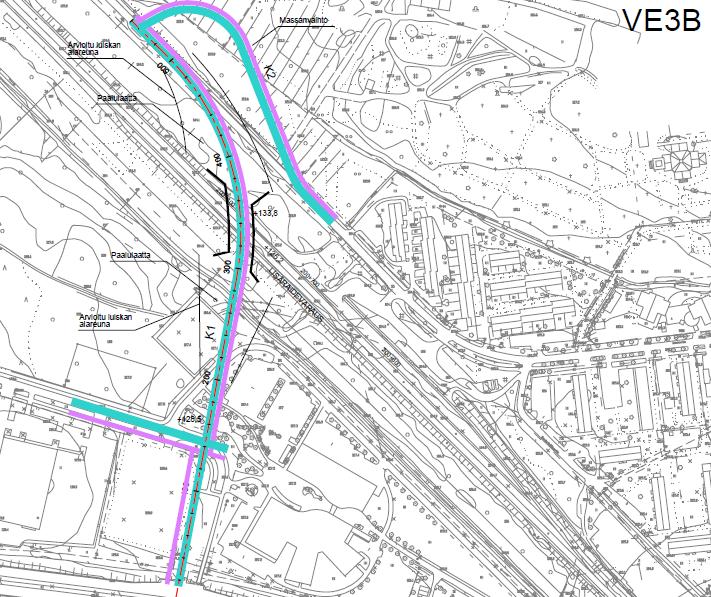Vaihtoehto VE3B Vaihtoehtoa VE3 muutettiin siten, että Asemantie linjataan olemassa olevien rivitalojen jälkeen tien pohjoispuolelle. Tällöin radan ylittävää siltaa voidaan hieman lyhentää.