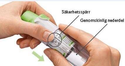Tryck in säkerhetsspärren samtidigt som du drar bort den genomskinliga nederdelen med andra handen. 2. Sätt in läkemedelsbehållaren Tryck in läkemedelsbehållaren i inhalatorn.