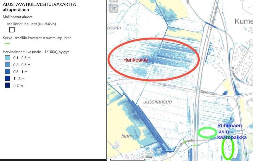Kuva 7. Alustava hulevesitulvakartta hankealueen lähistöltä.