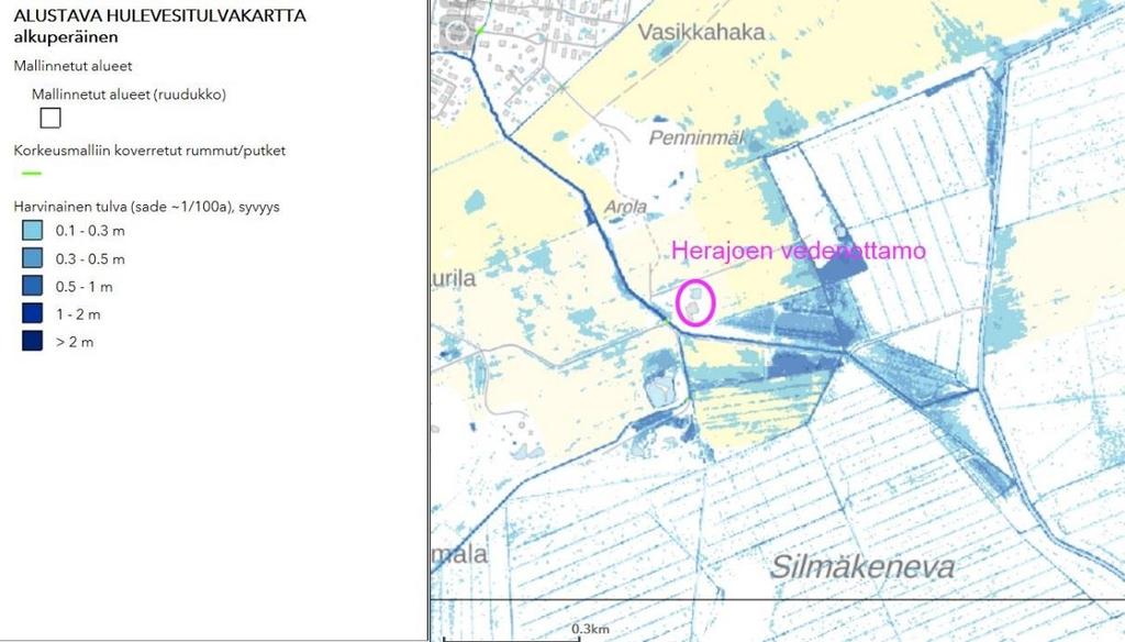 Kuva 9. Alustava hulevesitulvakartta Herajoen vedenottamon lähialueelta. Käytetty mitoitussade toistuu kerran sadassa vuodessa. Lähde: SYKE, 2018.