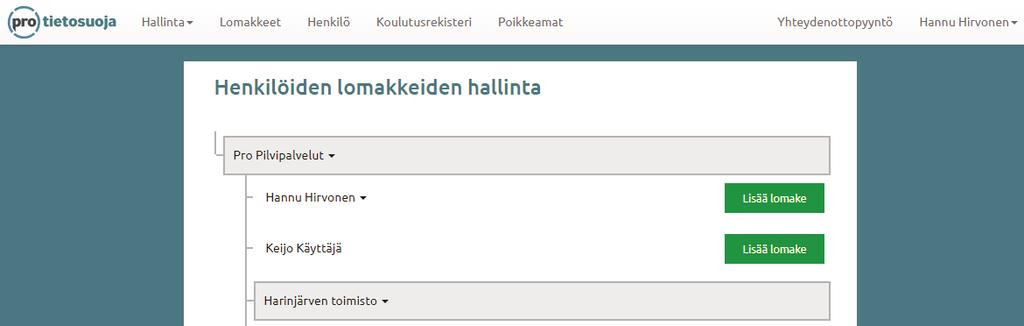 Ne on tehty henkilöstön perehdyttämiseksi tietosuojaan ja tietoturvaan. Alla olevassa kuvassa näkyy pääyksikön nimi, jota klikkaamalla organisaatiorakenne avautuu samana kuin lomakkeet-osiossa.